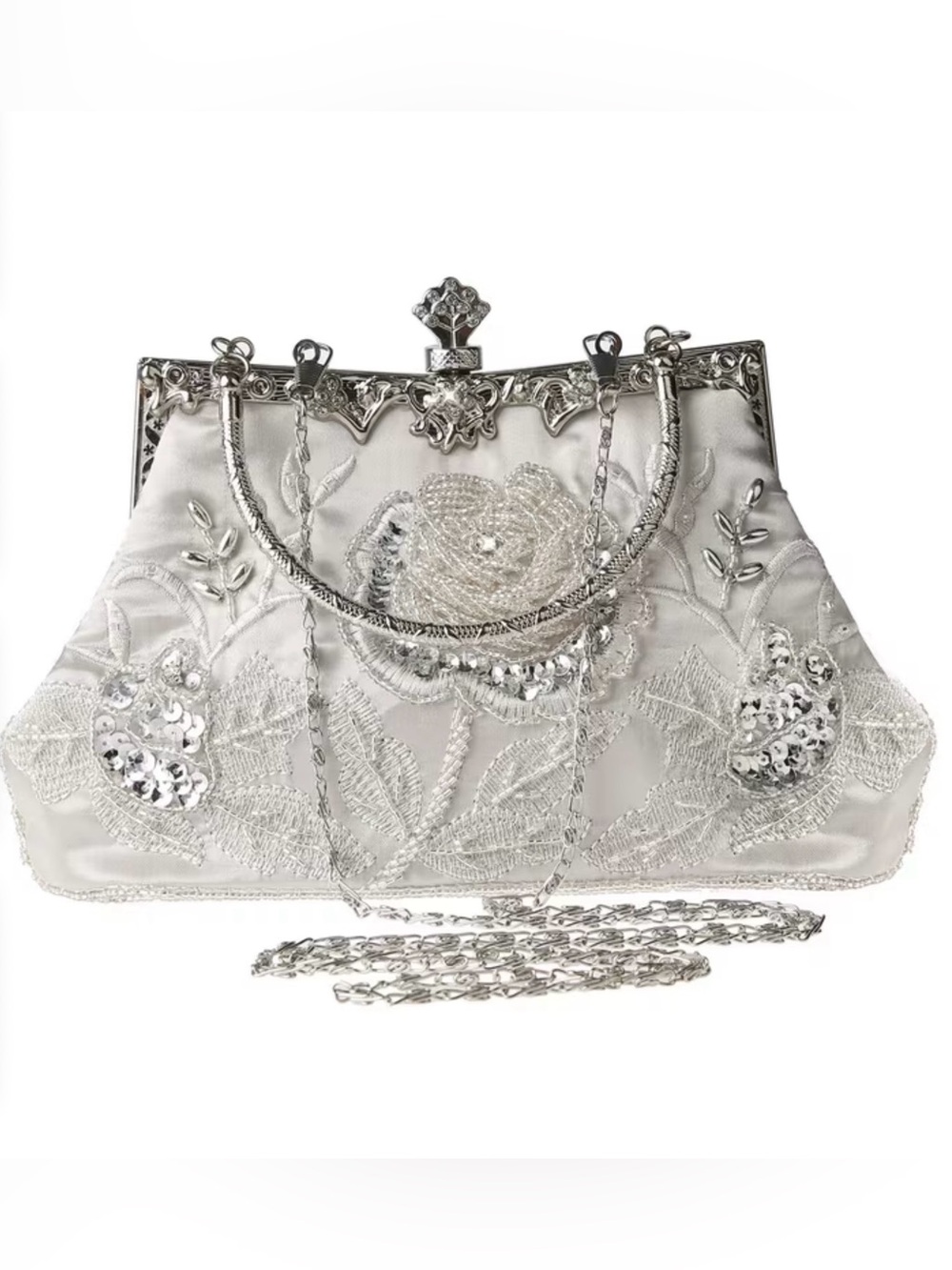 New Elegant Silver and White Embroidered Evening Clutch